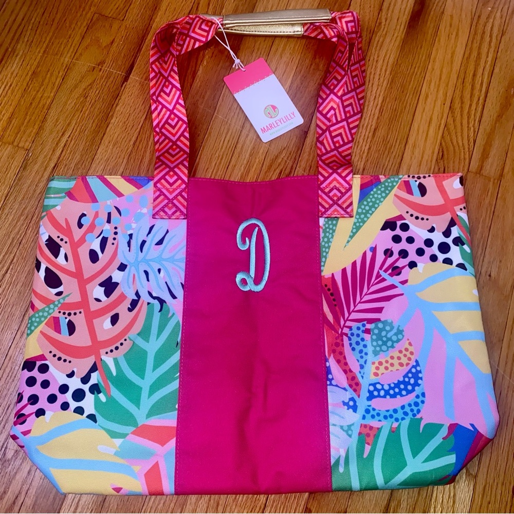 MARLEYLILLY Tropical Leaf Print “D” Monogramed Large Tote Bag